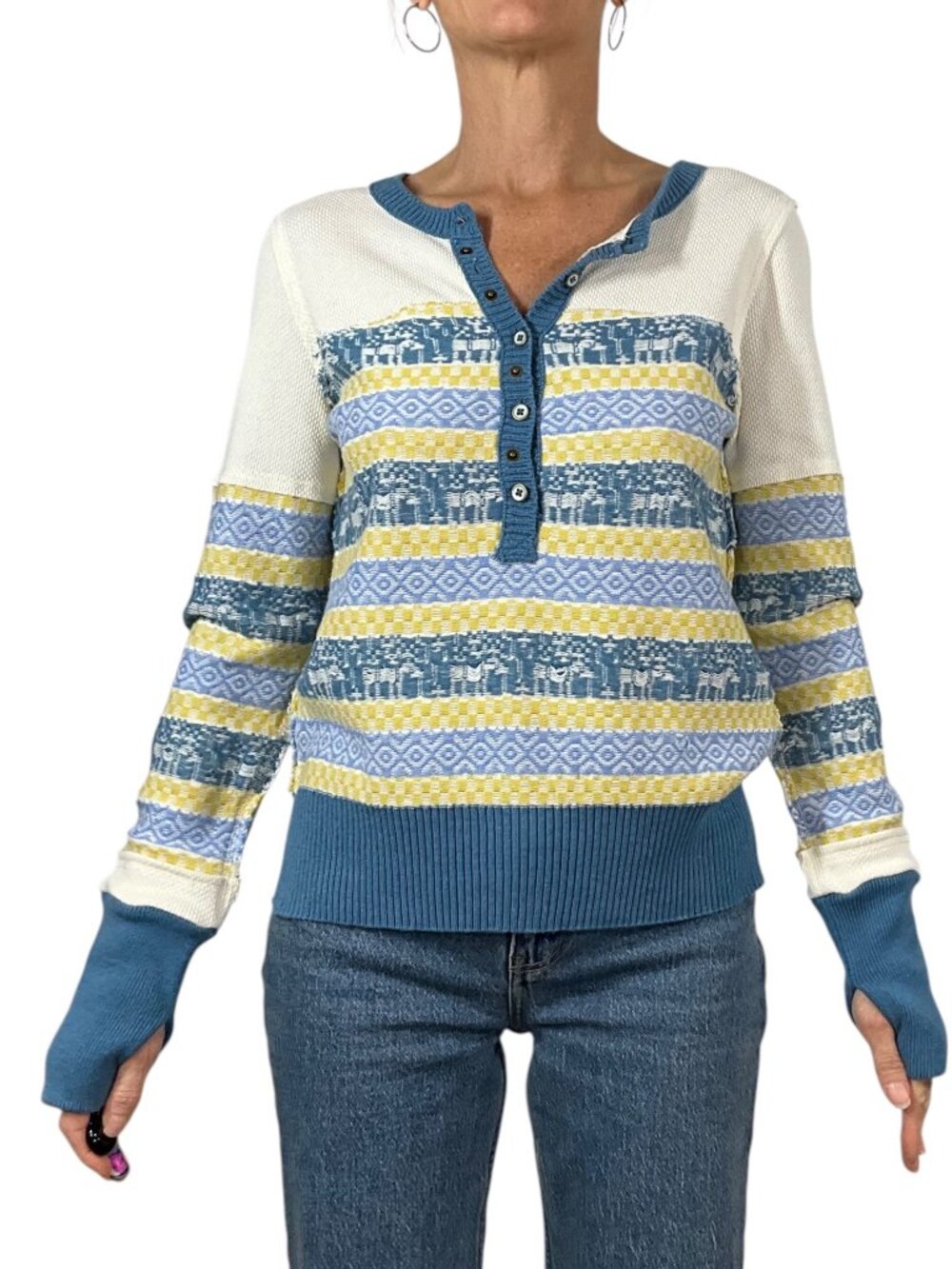 Free People We The Free To The Woods Henley Sweater S Light Combo Thermal - Picture 2 of 16